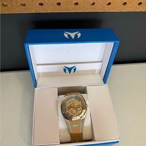 Technomarine Gold Dial Watch with Tan and Blue Strap